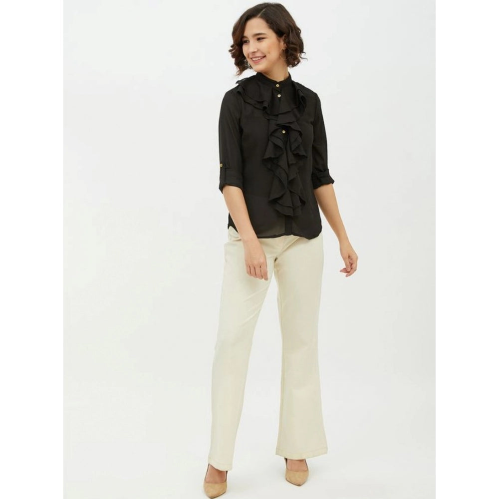 Women's Ruffled Long Sleeves Standard Length Shirt — Black