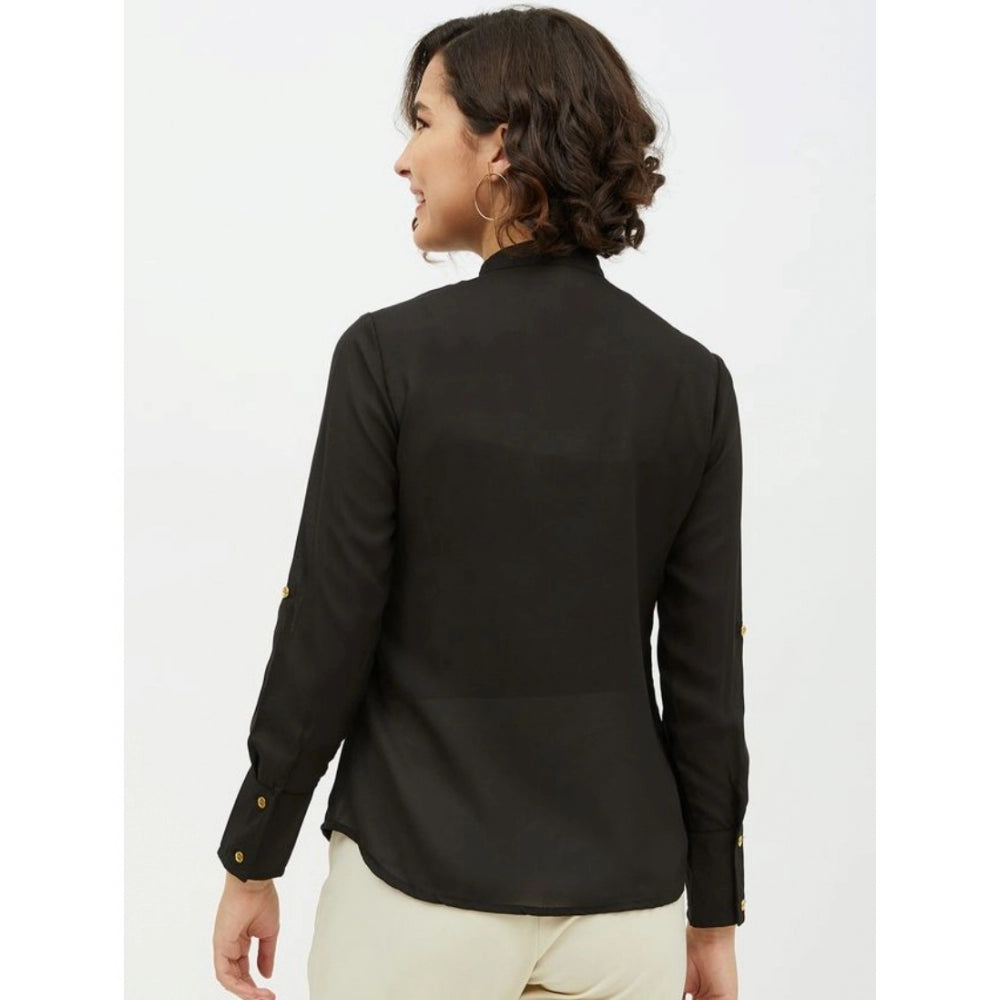 Women's Ruffled Long Sleeves Standard Length Shirt — Black