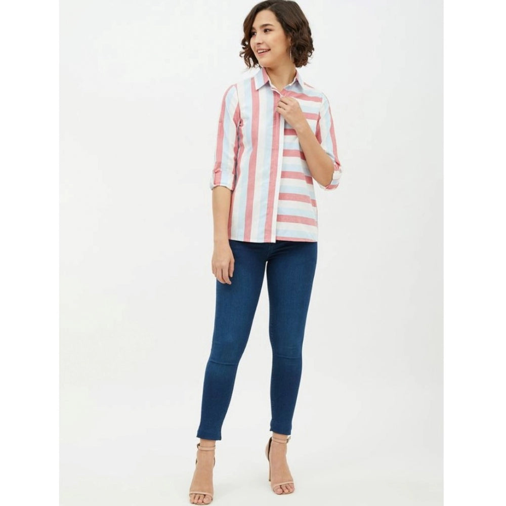 Women's Cotton Striped Long Sleeves Standard Length Shirt — Pink