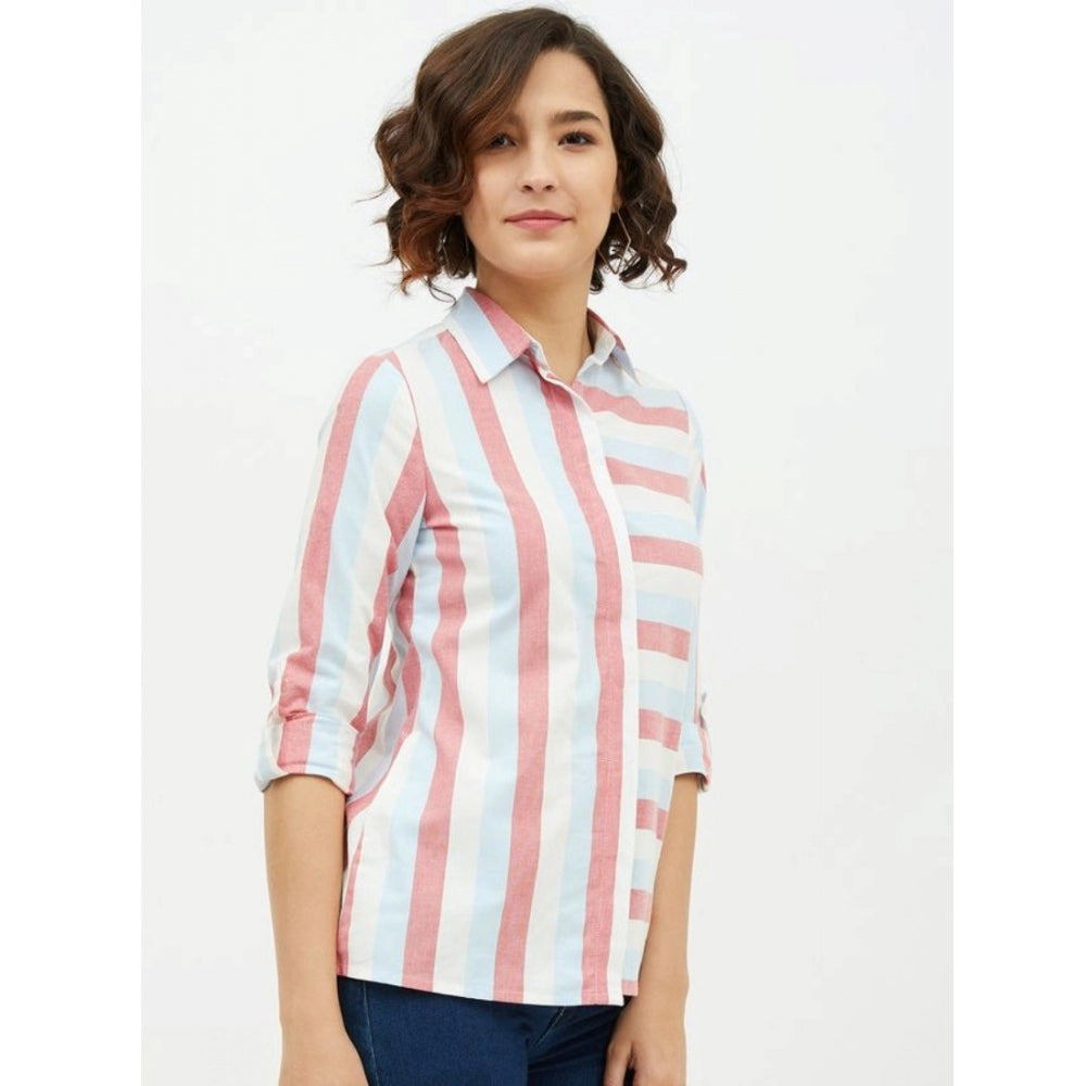 Women's Cotton Striped Long Sleeves Standard Length Shirt — Pink