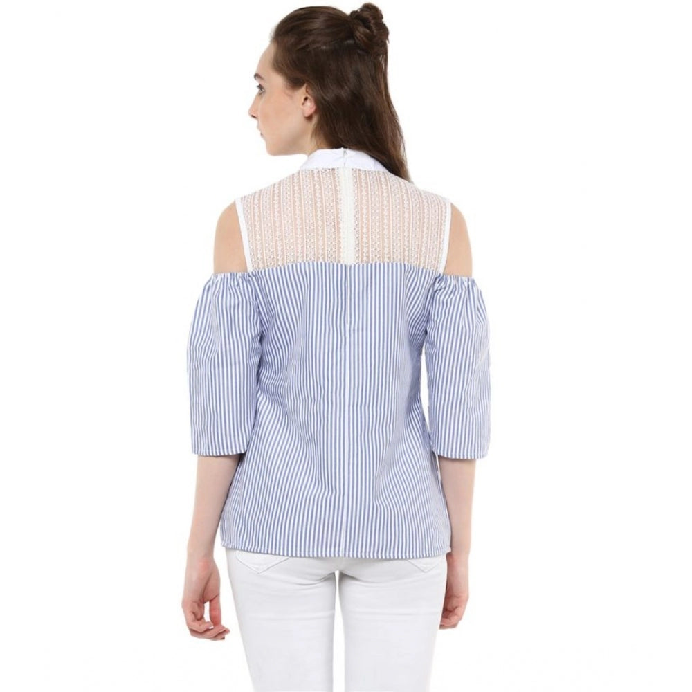 Women's Cotton Striped Cold Shoulder Top — Blue
