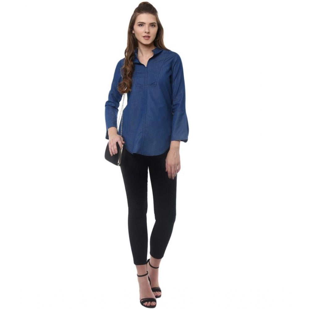 Women's Denim Solid Bell Sleeve Regular Top — Blue Denim