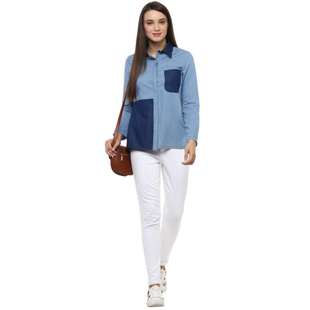 Women's Denim Patch Work Long Sleeves Regular Top — Blue