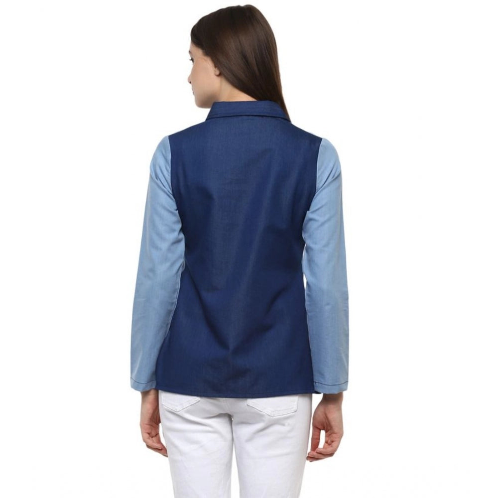 Women's Denim Patch Work Long Sleeves Regular Top — Blue