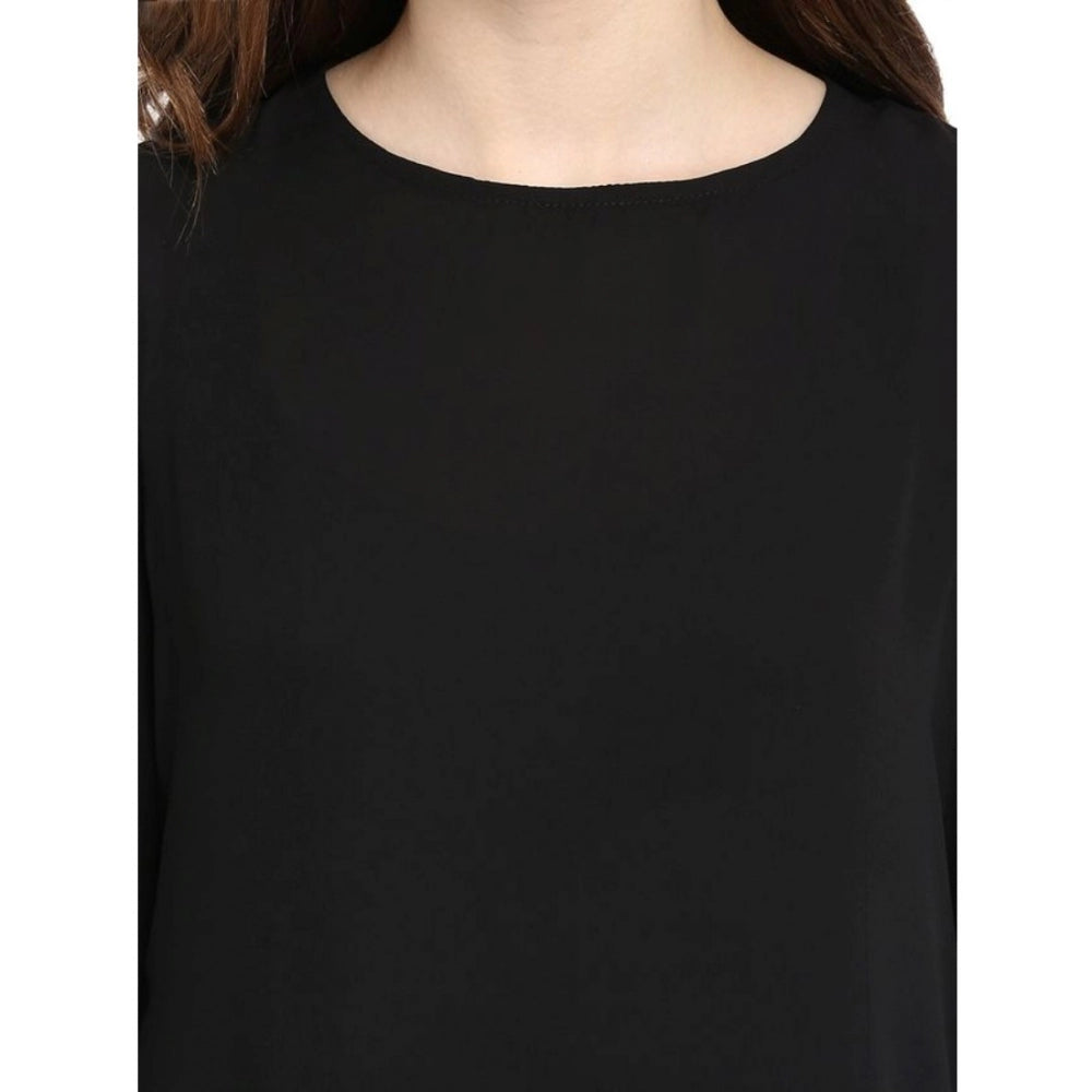 Women's Georgette Self Design Bell Sleeve Regular Top — Black