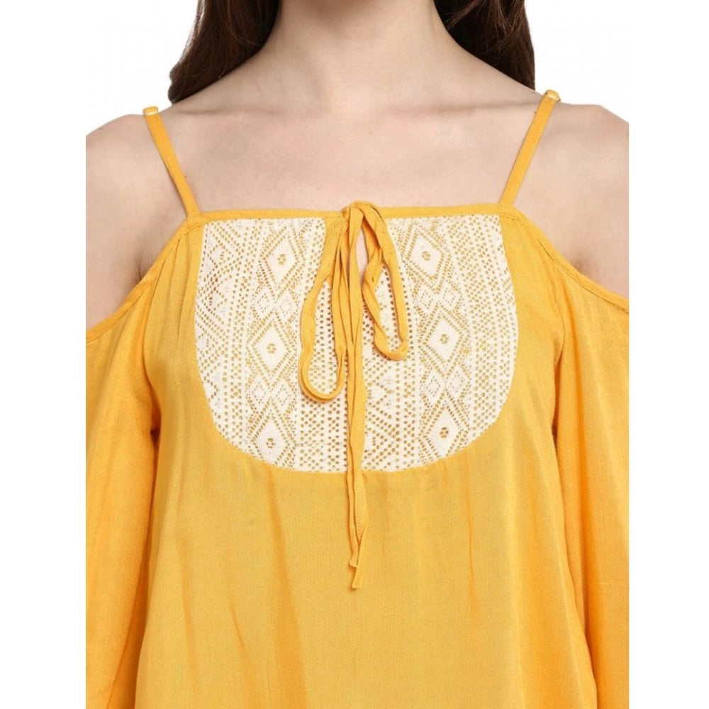 Women's Rayon Embellished Cold Shoulder Regular Top — Mustard Yellow