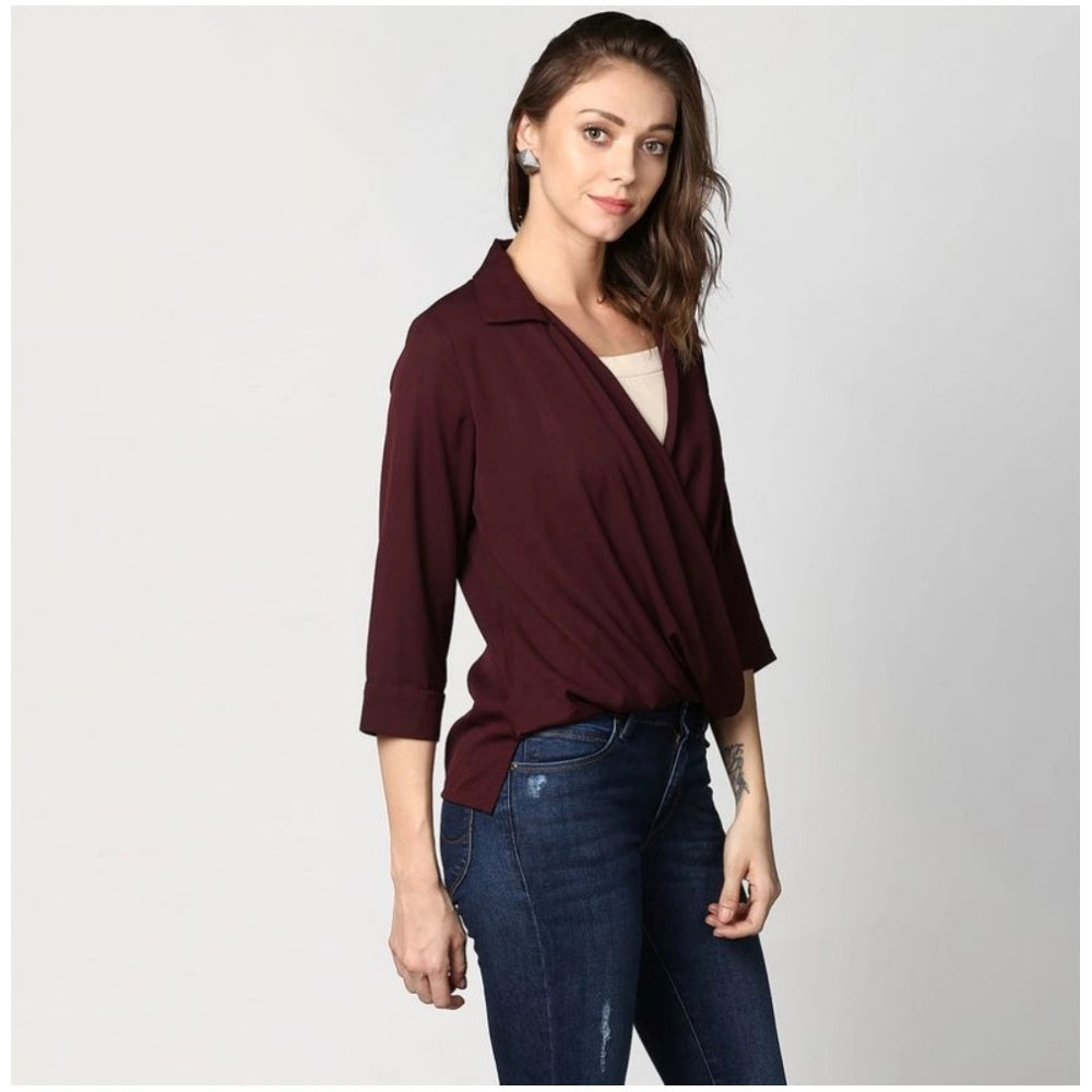 Women's Solid 3-4th Sleeves Top — Maroon