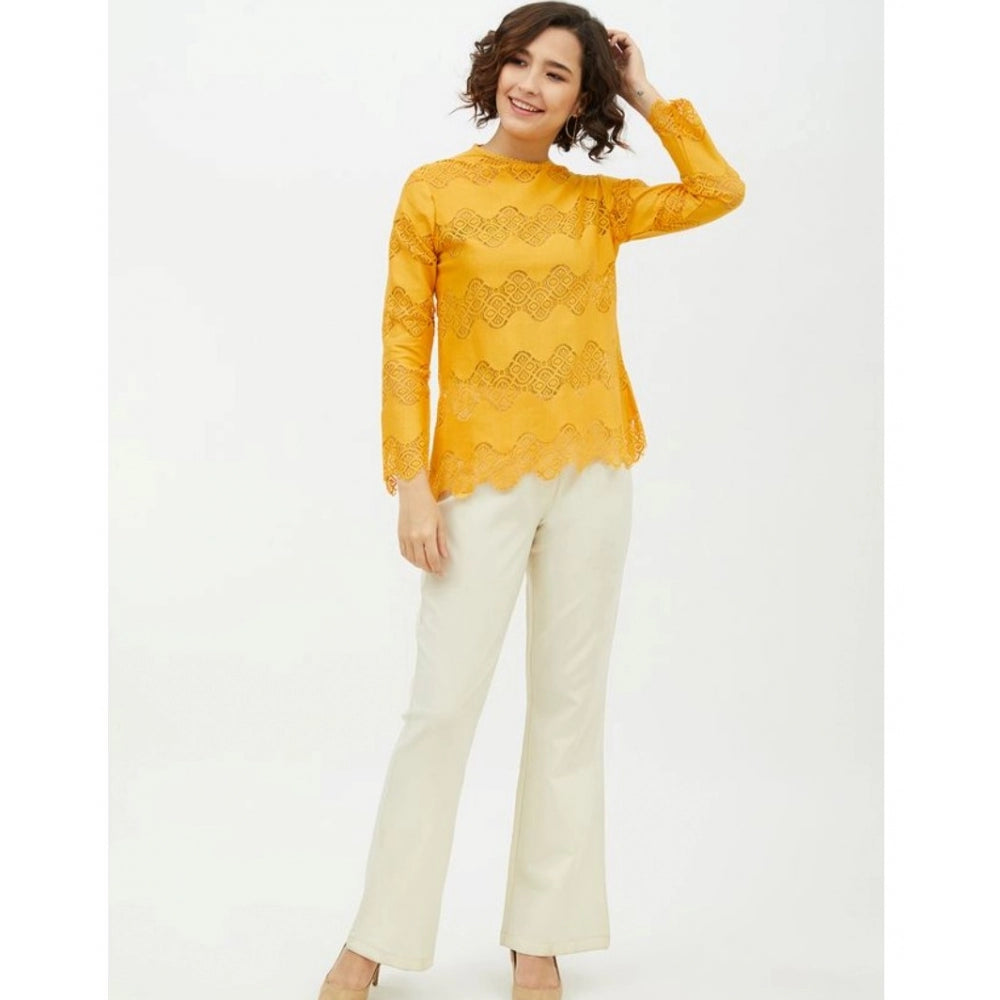 Women's Cotton Lace Inserts Long Sleeves Top — Yellow