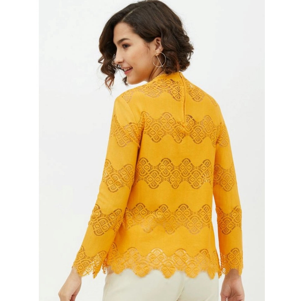 Women's Cotton Lace Inserts Long Sleeves Top — Yellow