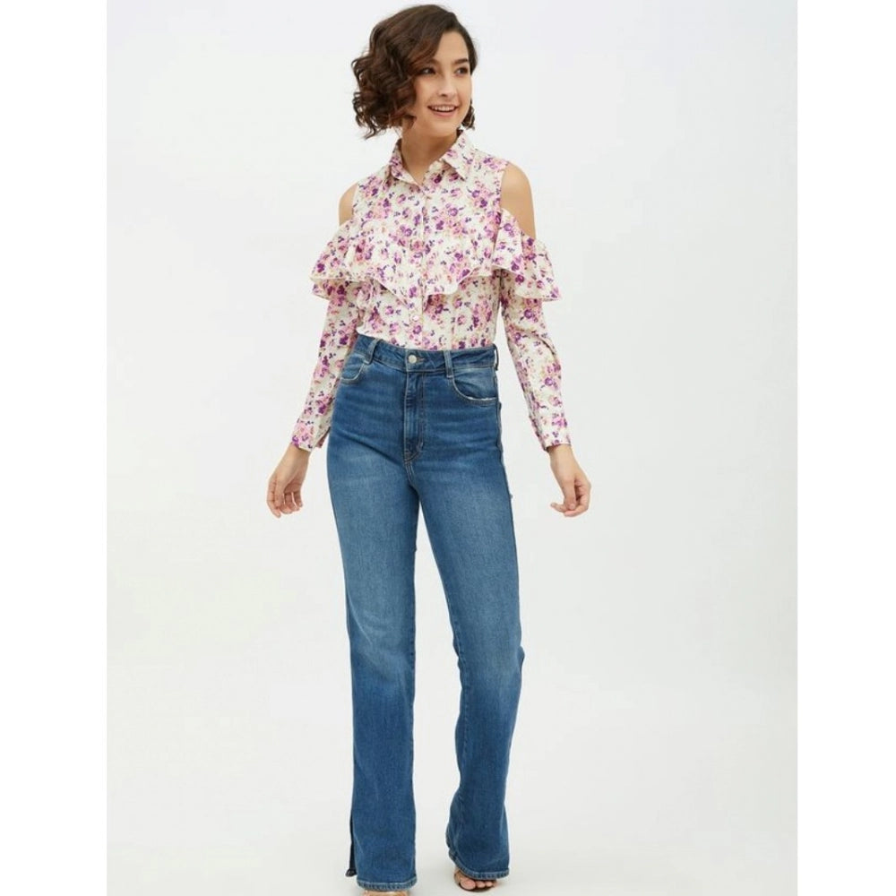 Women's Floral Cold Shoulder Standard Length Shirt — White