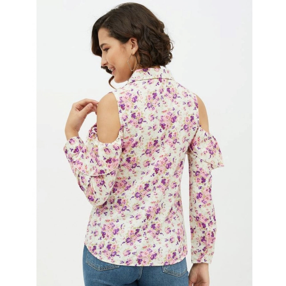 Women's Floral Cold Shoulder Standard Length Shirt — White