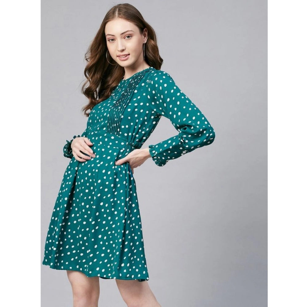 Women's Polka Long Sleeves Above Knee Dress — Green - White