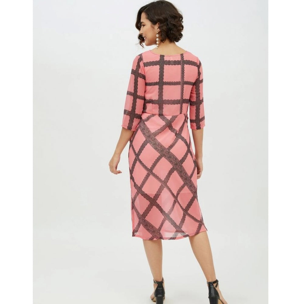 Women's Checkered 3-4th Sleeves Below Knee Dress — Pink