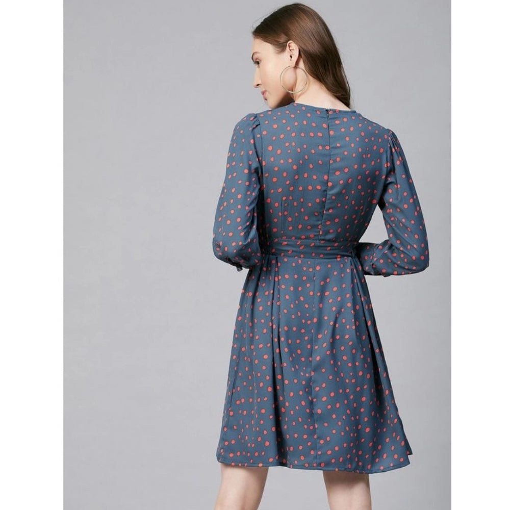 Women's Polka Long Sleeves Above Knee Dress — Grey - Coral