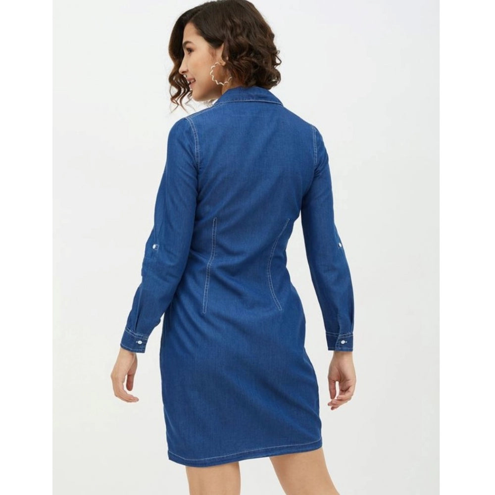Women's Denim Solid Long Sleeves Above Knee Dress — Blue