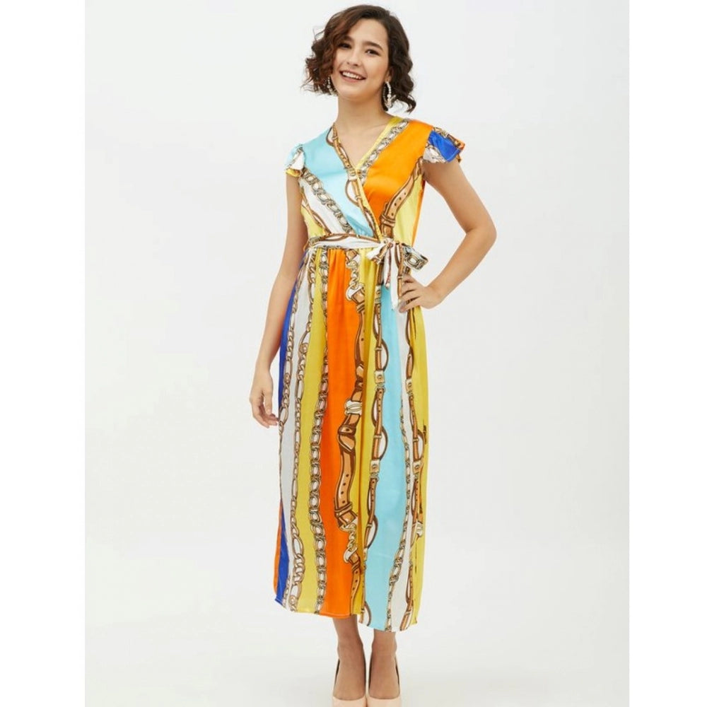 Women's Satin Chain Print Cap Sleeve Calf-Length Dress