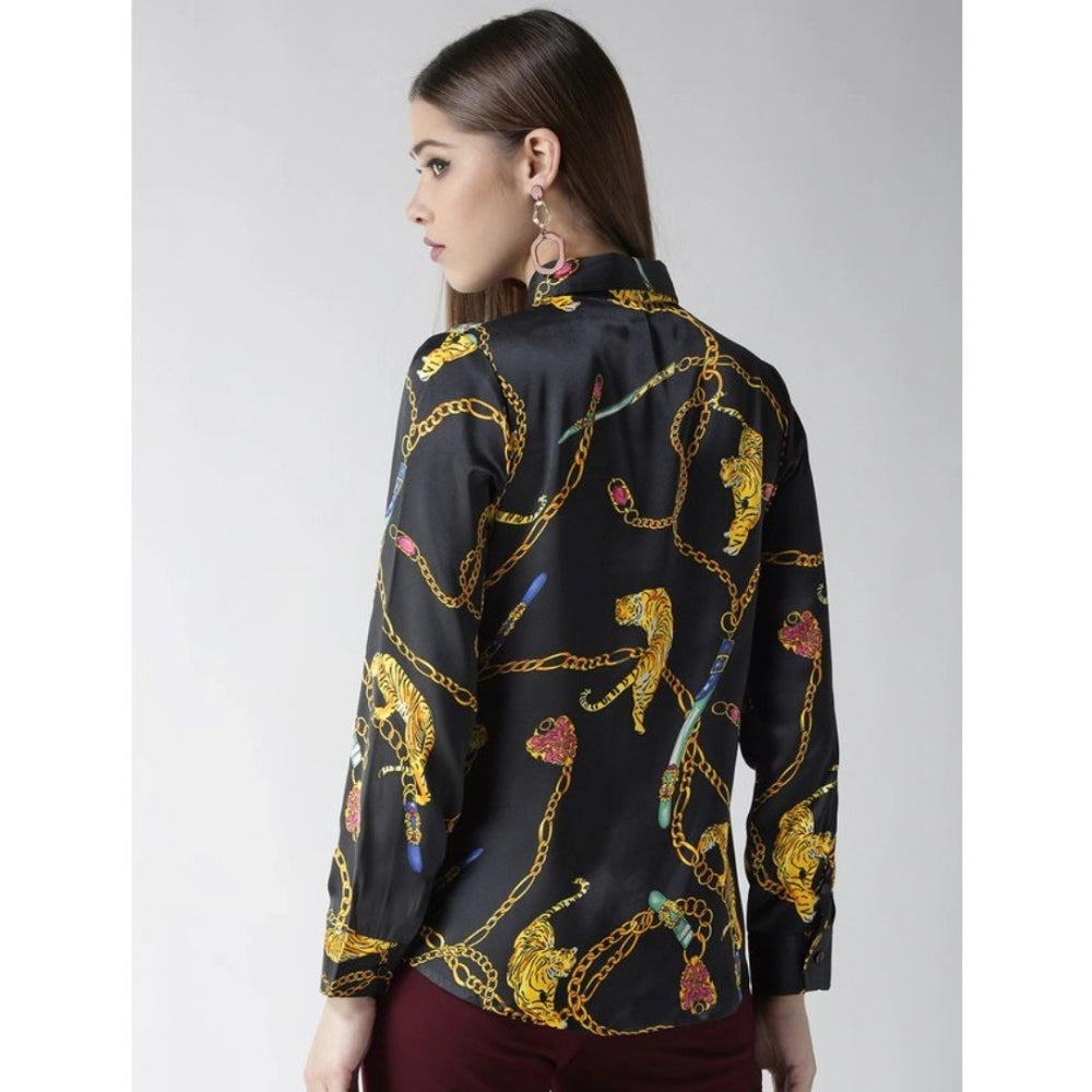 Women's Satin Printed Long Sleeves Standard Length Shirt — Black - Gold