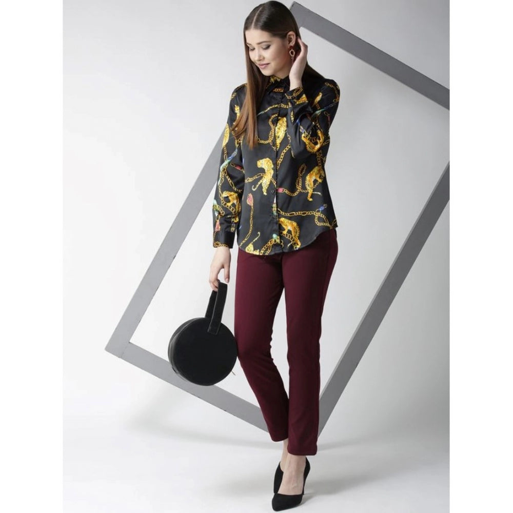 Women's Satin Printed Long Sleeves Standard Length Shirt — Black - Gold