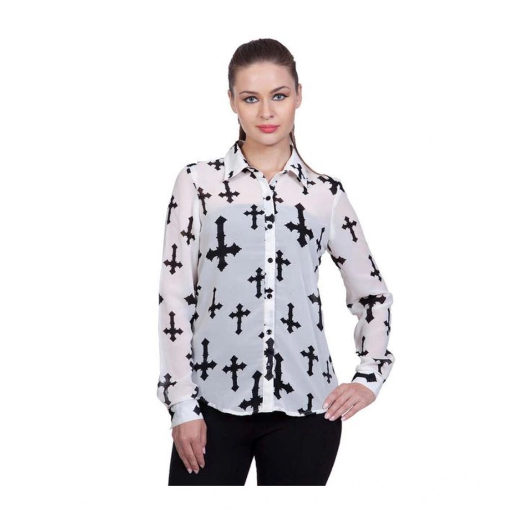 Women's Printed Long Sleeves Standard Length Shirt — White
