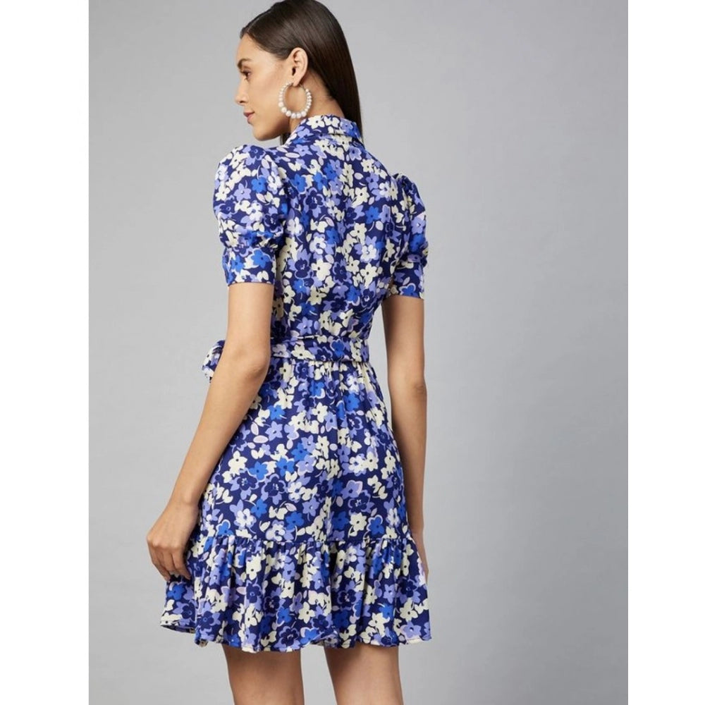 Women's Floral Short Sleeve Above Knee Dress — Blue - Purple