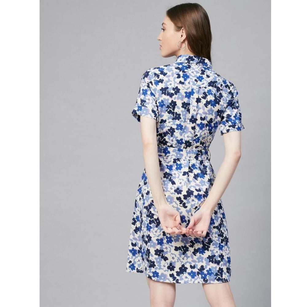 Women's Floral Short Sleeve Above Knee Dress — Blue - White
