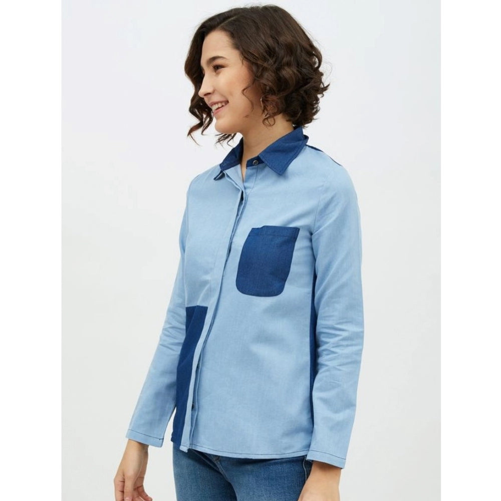Women's Denim Patch Work Long Sleeves Standard Length Shirt — Blue
