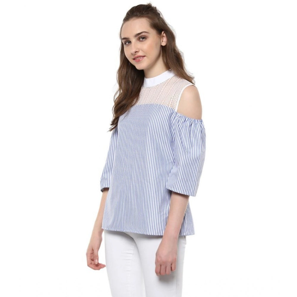 Women's Cotton Striped Cold Shoulder Top — Blue