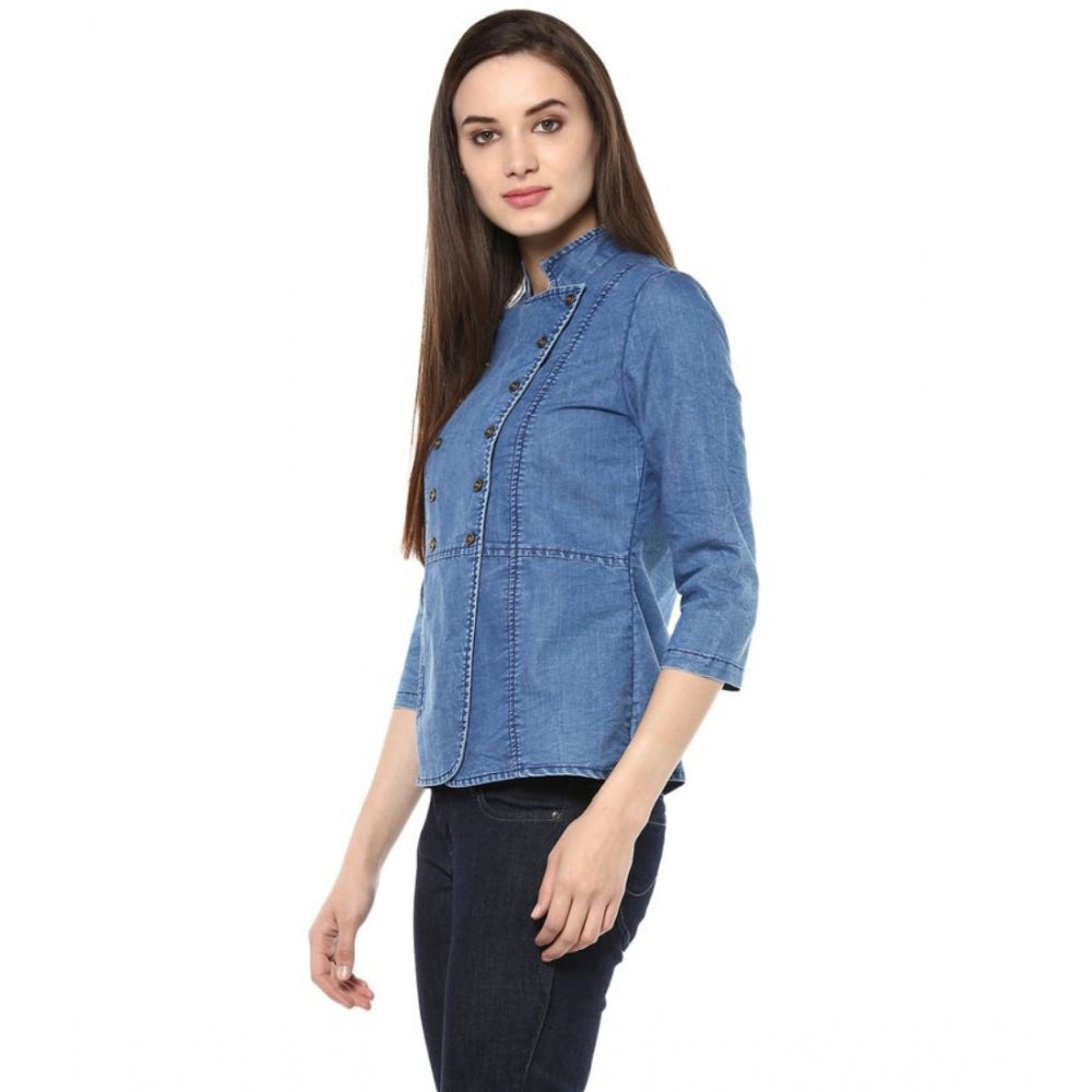 Women's Denim Solid 3-4th Sleeves Regular Top — Blue