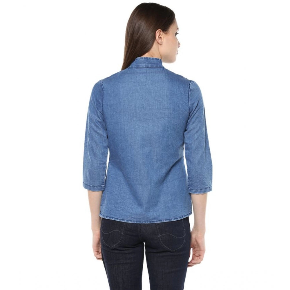 Women's Denim Solid 3-4th Sleeves Regular Top — Blue