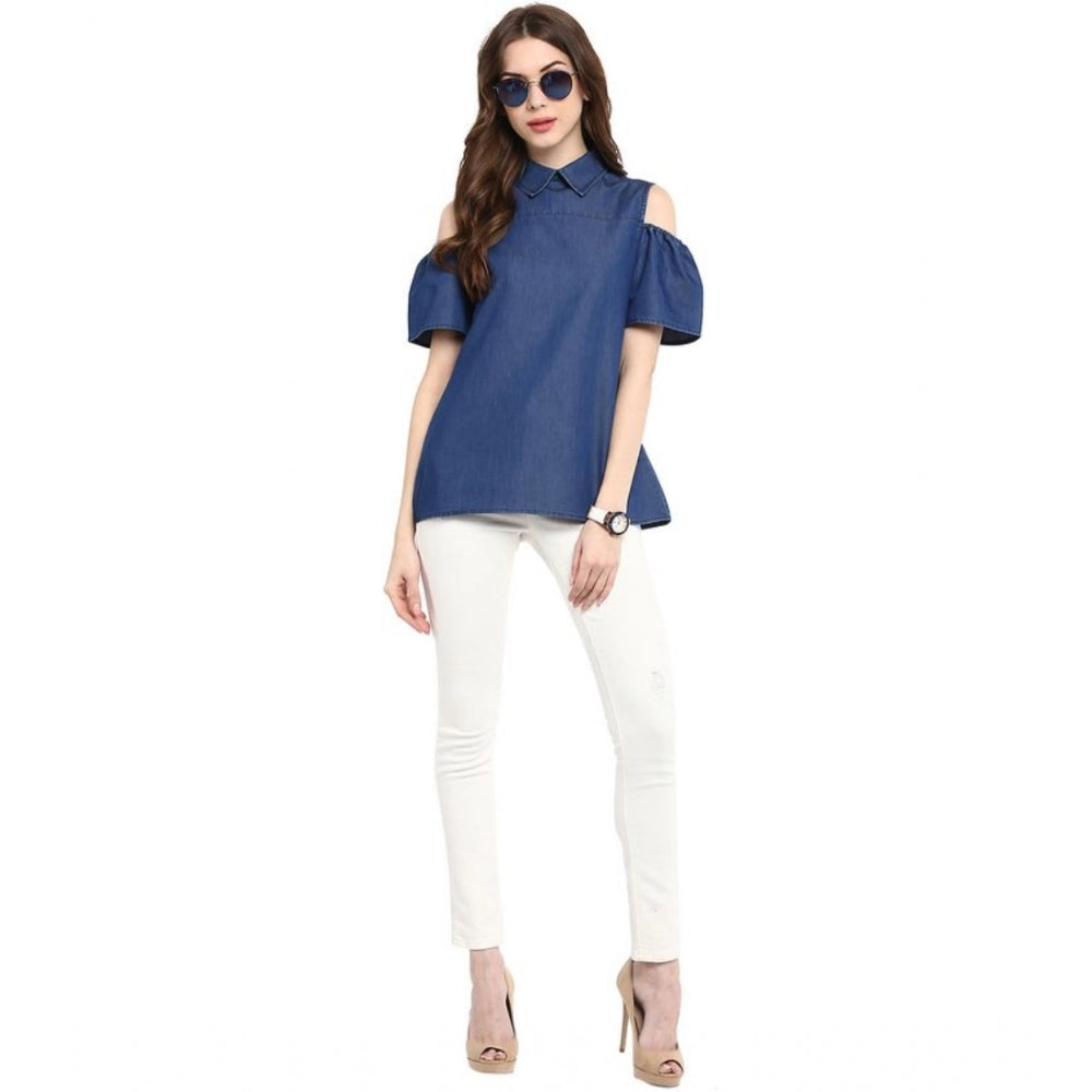 Women's Denim Solid Cold Shoulder Regular Top — Blue