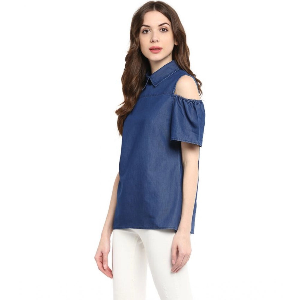 Women's Denim Solid Cold Shoulder Regular Top — Blue