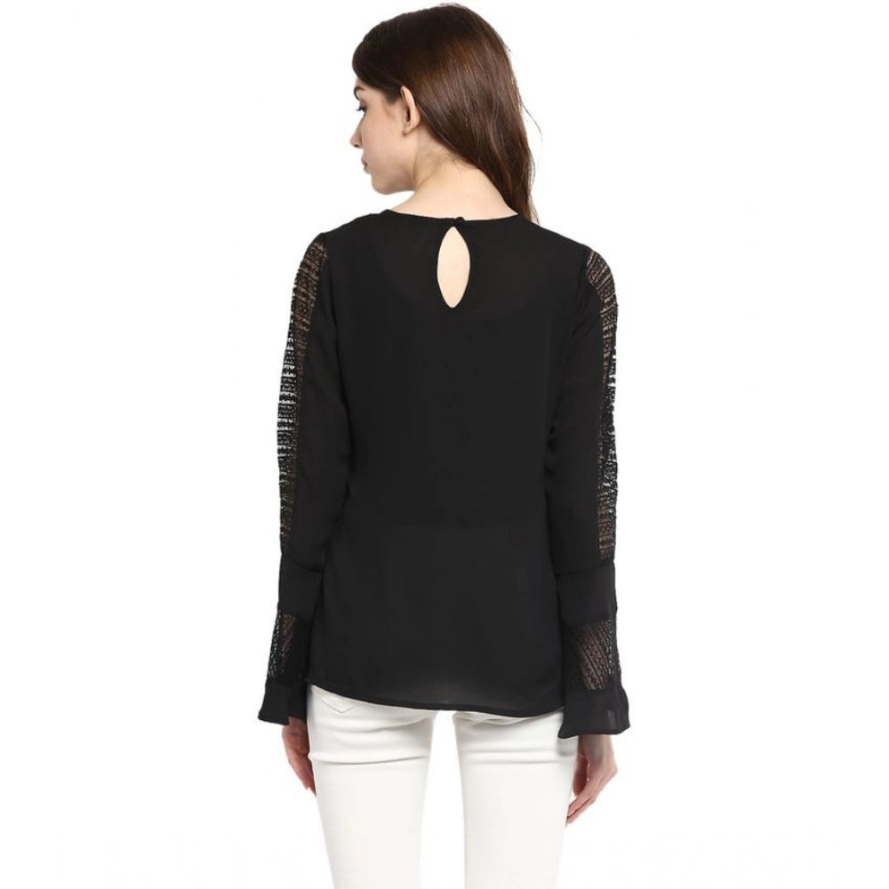 Women's Georgette Self Design Bell Sleeve Regular Top — Black
