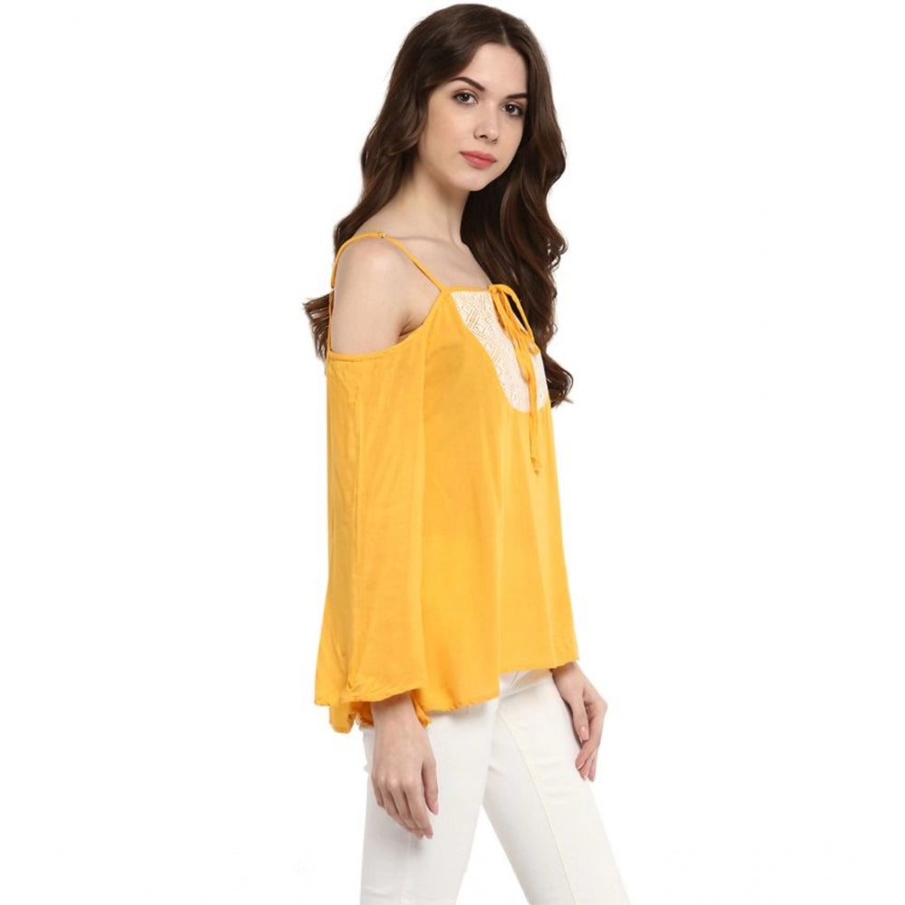 Women's Rayon Embellished Cold Shoulder Regular Top — Mustard Yellow