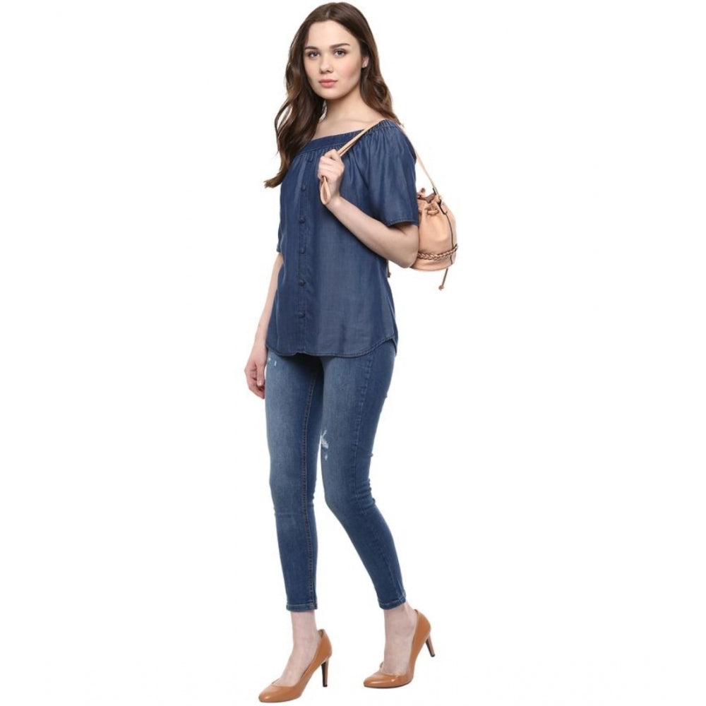 Women's Denim Solid Short Sleeve Regular Top — Blue