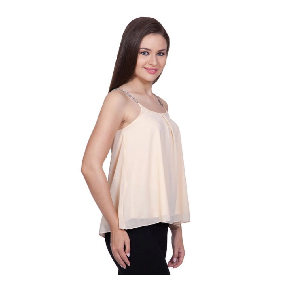Women's Solid Shoulder Straps Regular Top — Beige