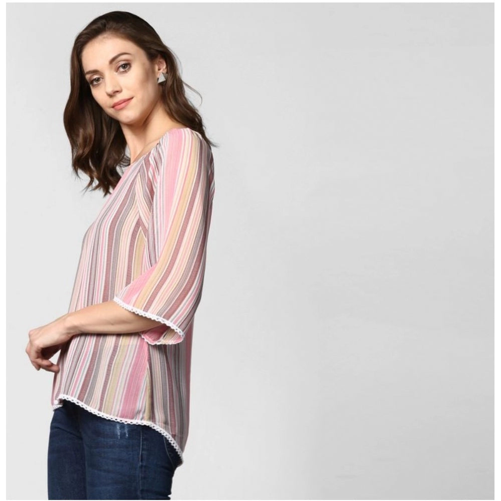 Women's Striped 3-4th Sleeves Top — Pink