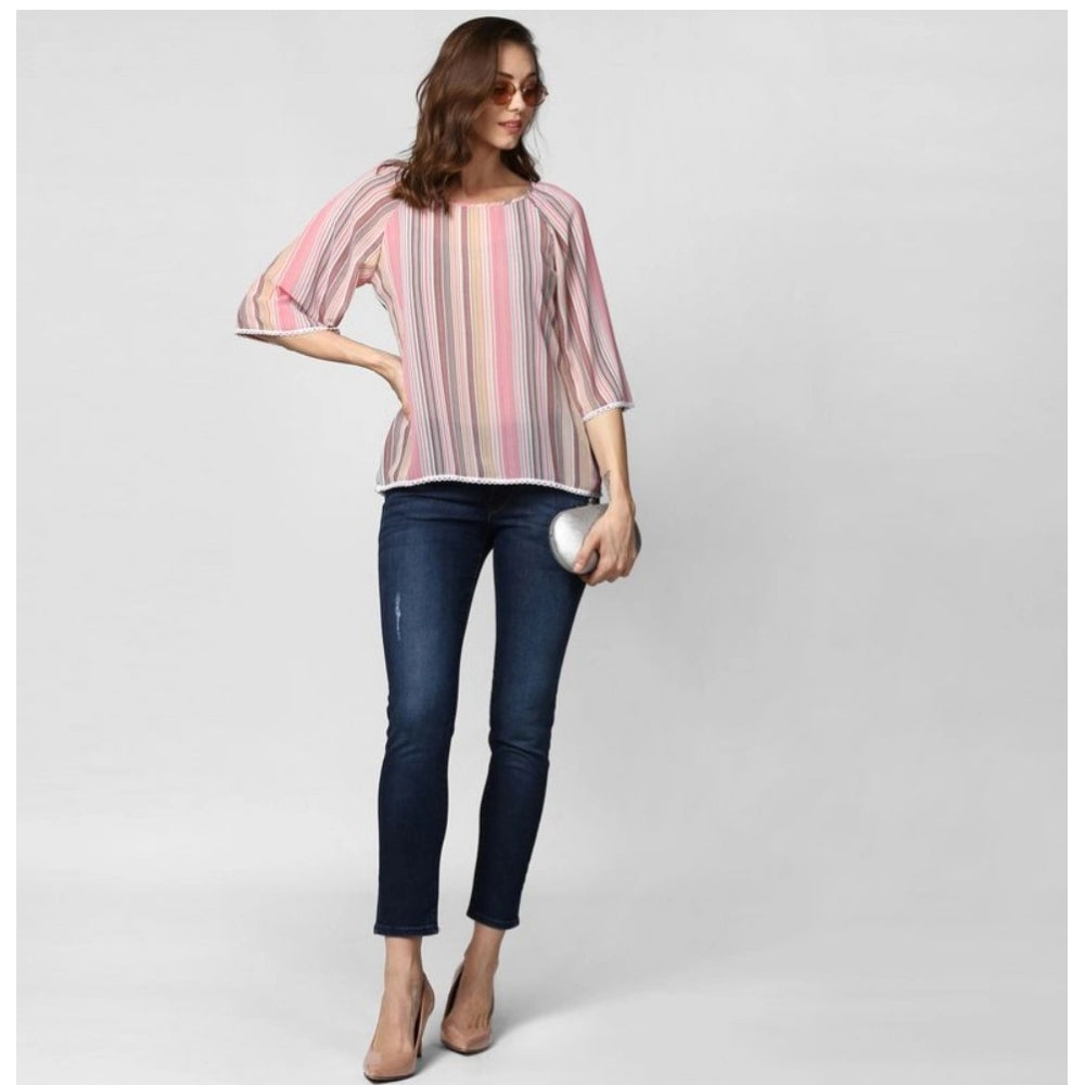 Women's Striped 3-4th Sleeves Top — Pink