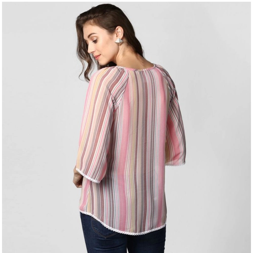 Women's Striped 3-4th Sleeves Top — Pink