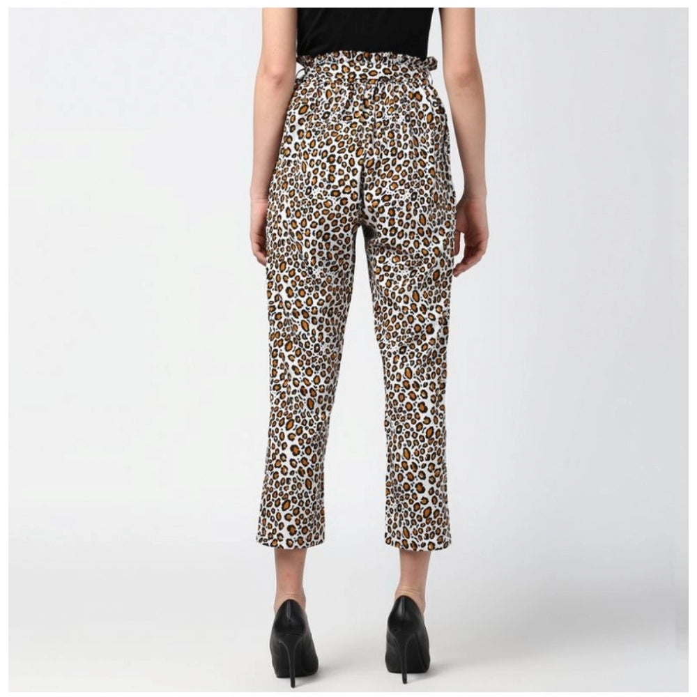 Women's Animal Print Elasticated Trousers — White - Yellow