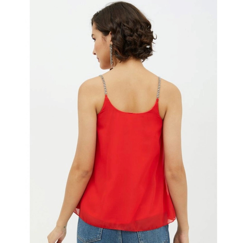 Women's Embellished Shoulder Straps Top — Red