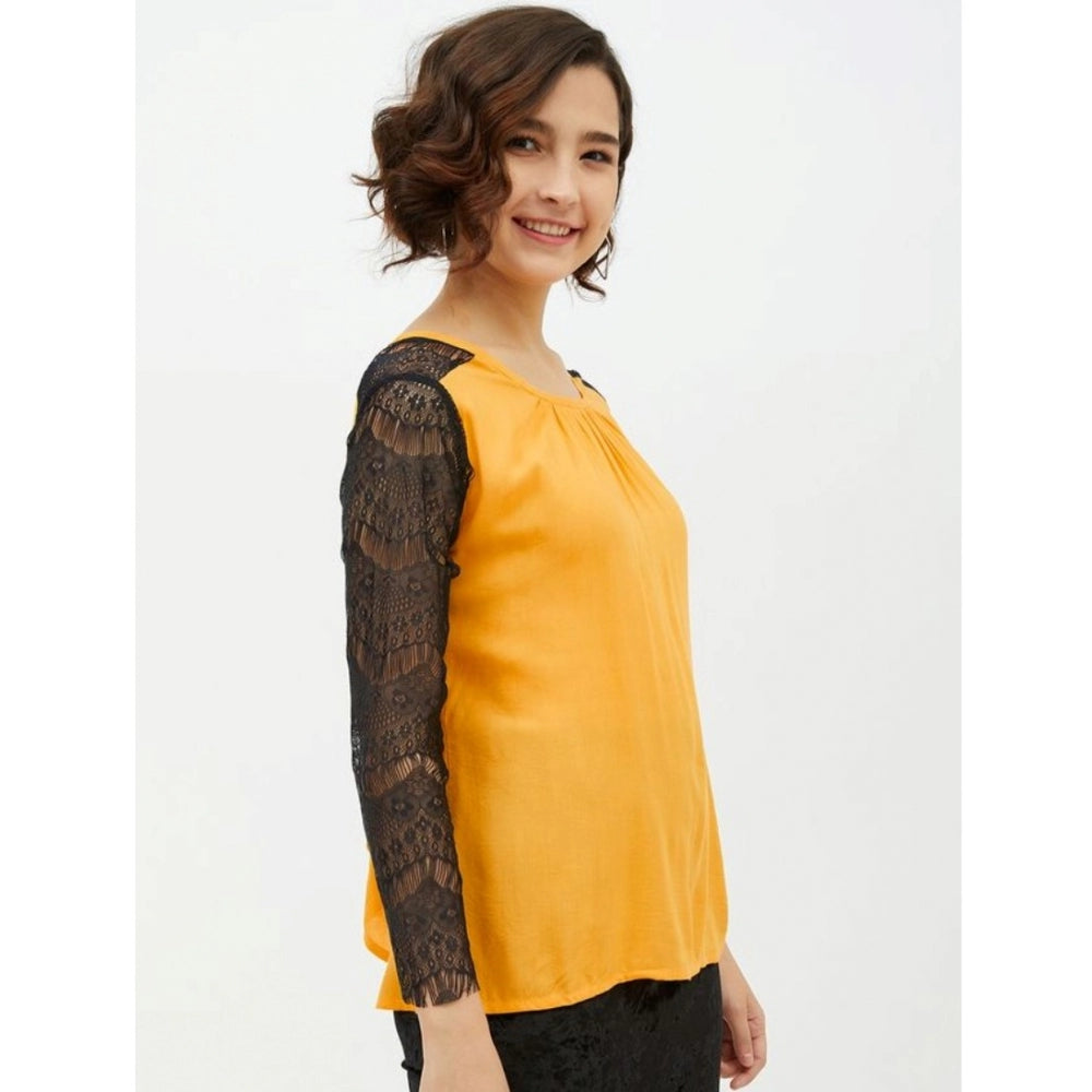 Women's Rayon Lace Inserts Long Sleeves Top — Yellow