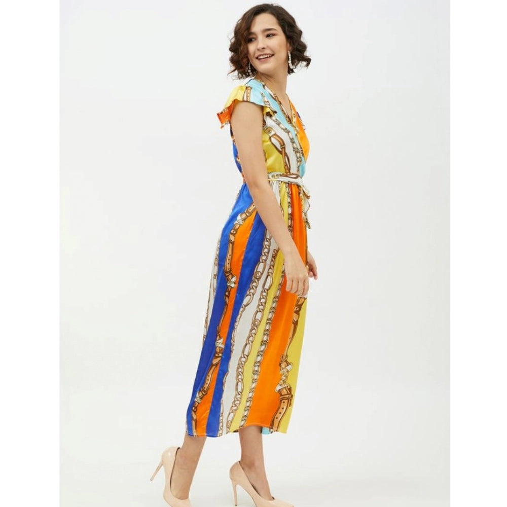 Women's Satin Chain Print Cap Sleeve Calf-Length Dress