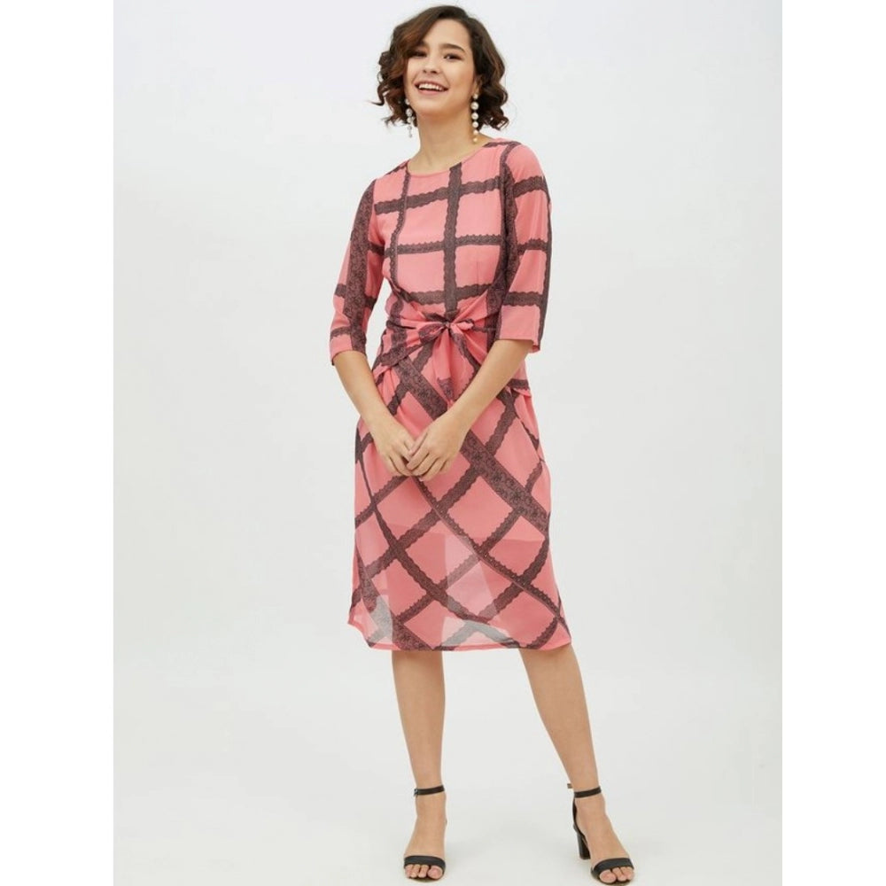 Women's Checkered 3-4th Sleeves Below Knee Dress — Pink