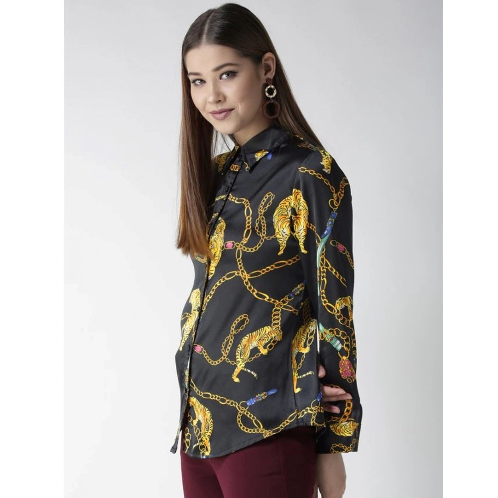 Women's Satin Printed Long Sleeves Standard Length Shirt — Black - Gold