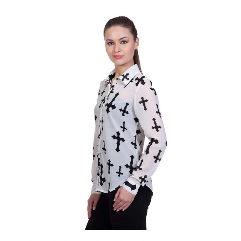 Women's Printed Long Sleeves Standard Length Shirt — White