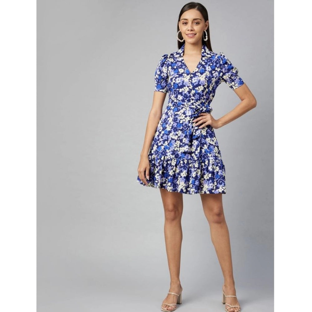 Women's Floral Short Sleeve Above Knee Dress — Blue - Purple