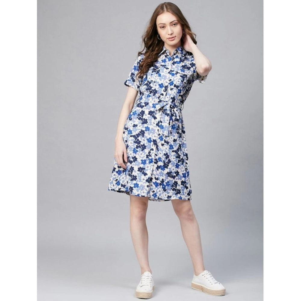Women's Floral Short Sleeve Above Knee Dress — Blue - White