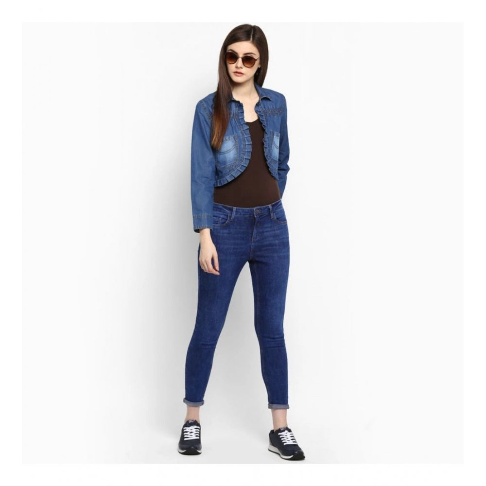 Women's Denim Pleated 3-4th Sleeves Shrug — Blue