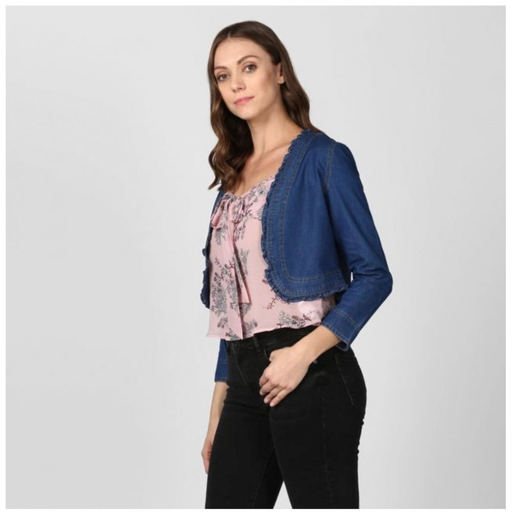 Women's Denim Ruffled Long Sleeves Shrug — Navy Blue