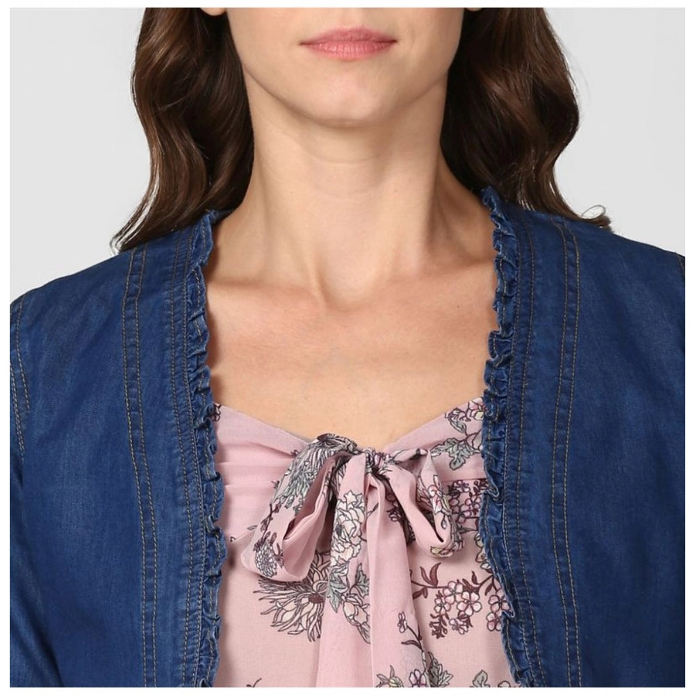Women's Denim Ruffled Long Sleeves Shrug — Navy Blue